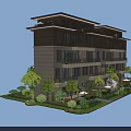 Modern Multi Story Townhouse Exterior With Balconies Lush Greenery And Garden