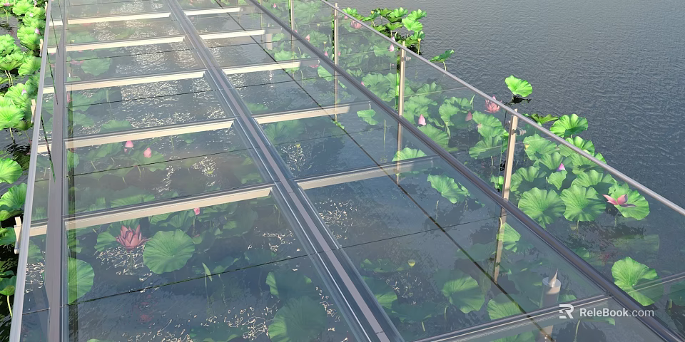 Transparent Glass Walkway With Metal Railings Over Water Surface Featuring Lotus Leaves And Flowers 3d model 