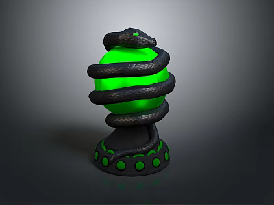 Reptile Snake Coiled Around Green Sphere On Black Base With Green Dots 3d model