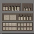Home Storage Multiple Tiers Wooden Shelves With Metal Dispensers And Beige Boxes