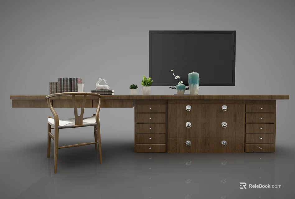 Modern Wooden TV Stand With Drawers Decorative Plants Vase TV Chair And Books 3d model 