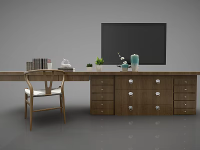 Modern Wooden TV Stand With Drawers Decorative Plants Vase TV Chair And Books 3d model