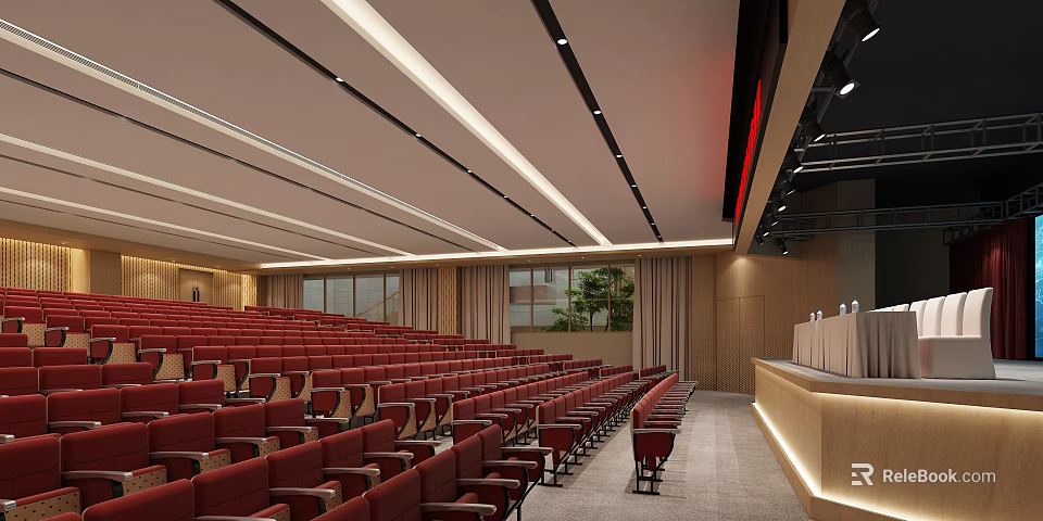 Modern Conference Room With Red Staircase Seats Podium Windows Curtains And Ceiling Lights 3d model 