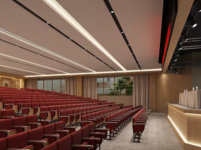 Modern Conference Room With Red Staircase Seats Podium Windows Curtains And Ceiling Lights 3d model