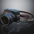 Professional Digital Camera With Black Body Brown Leather Strap And Large Lens