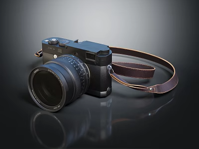 Professional Digital Camera With Black Body Brown Leather Strap And Large Lens 3d model