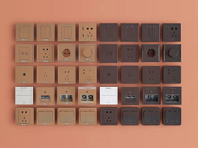 Various Colored Switch Panels In Brown Beige White On Orange Background Arranged Neatly 3d model