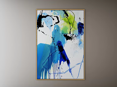 Modern Abstract Painting With Blue Green Black White Dripping Paint And Brush Strokes 3d model