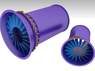 Purple Cylindrical Industrial Equipment With Blue Blades And Gold Chains In Two Sizes 3d model