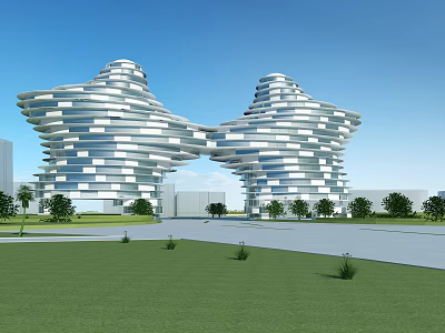 Twin Modern Architectural Buildings With Unique Curved Glass Facades Green Lawn And Trees 3d model