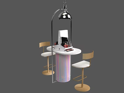 Functional Desk With Two Bar Stools Hanging Lamp And Tabletop Items 3d model