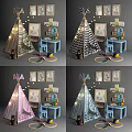 Blue Kids Table With Chair Drawing Board Bookshelf And Play Tent Toys