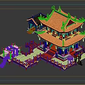 Cartoon Chinese Traditional Building Scene With Golden Roof And Red Decorations