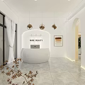 Modern Beauty Salon Interior With White Curved Reception Desk Pendant Lights And Marble Floor