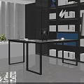 Modern Desk Interior With Laptop Magazine Bookshelf Table Lamp And Potted Plant