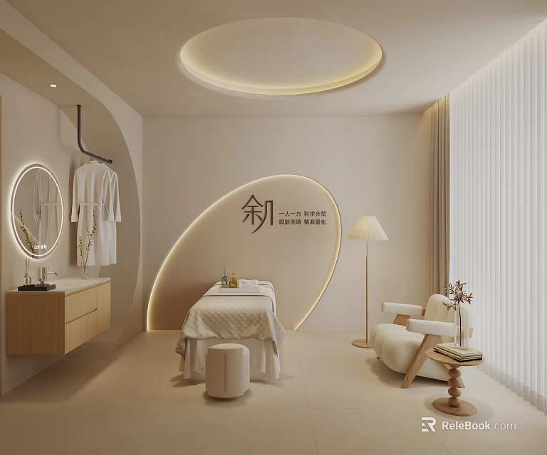 Modern Minimalist Beauty Salon Interior With Soft Lighting Treatment Bed Mirror And Chair 3d model 