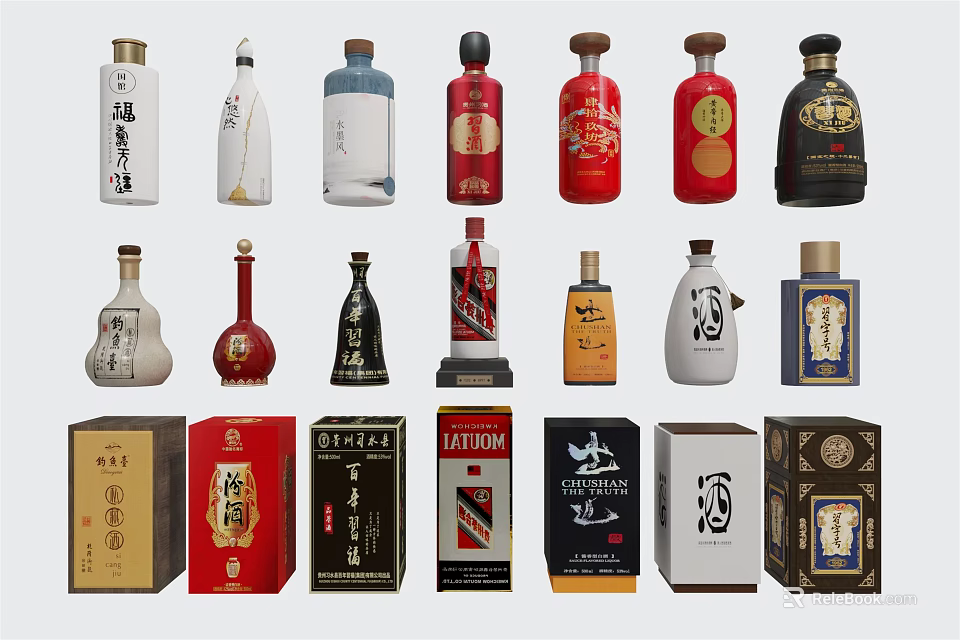 Various Liquor Bottles With Unique Designs And Decorative Alcohol Packaging Boxes 3d model