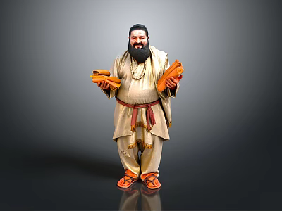 Bearded Man In Traditional Attire Holding Orange Items In Both Hands 3d model
