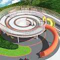 Children's Playground With Curved Paths Orange Slide Circular Structure Green Lawn And People