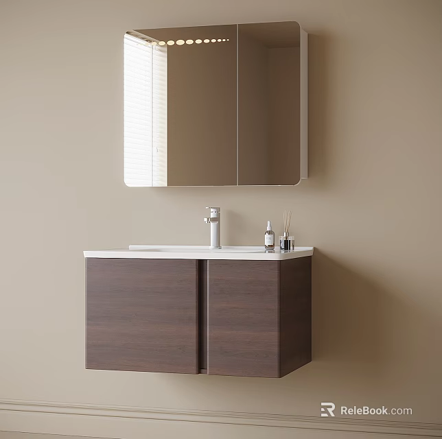 Bathroom Cabinet Wooden Design Wall Mounted With Mirror Faucet And Toiletries 3d model 