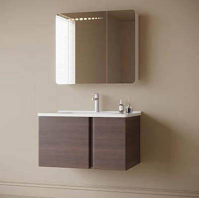Bathroom Cabinet Wooden Design Wall Mounted With Mirror Faucet And Toiletries 3d model