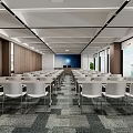 Modern Spacious Conference Room Interior With White Chairs Long Tables And Projection Screen