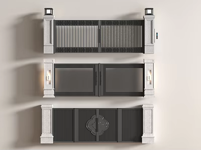 Modern Double Gate Designs With Stone Pillars Metal Slats And Decorative Lighting 3d model