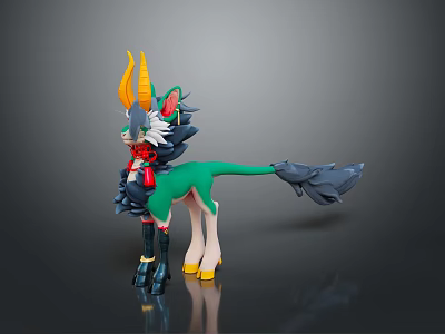 Mythical Creature Character With Green Body Yellow Horns White Mane Red Decorations And Black Tail 3d model