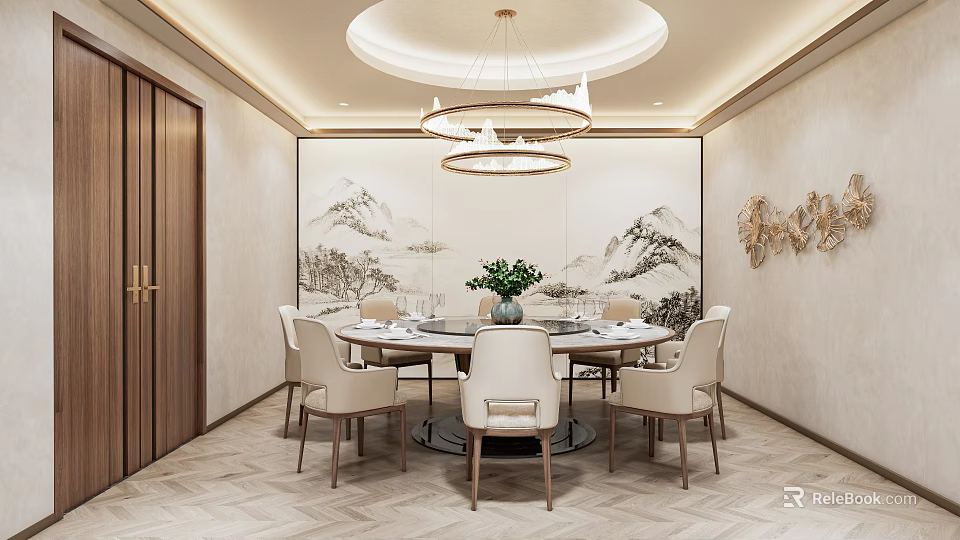 Elegant Private Dining Room Interior With Round Table Chairs And Landscape Painting 3d model 