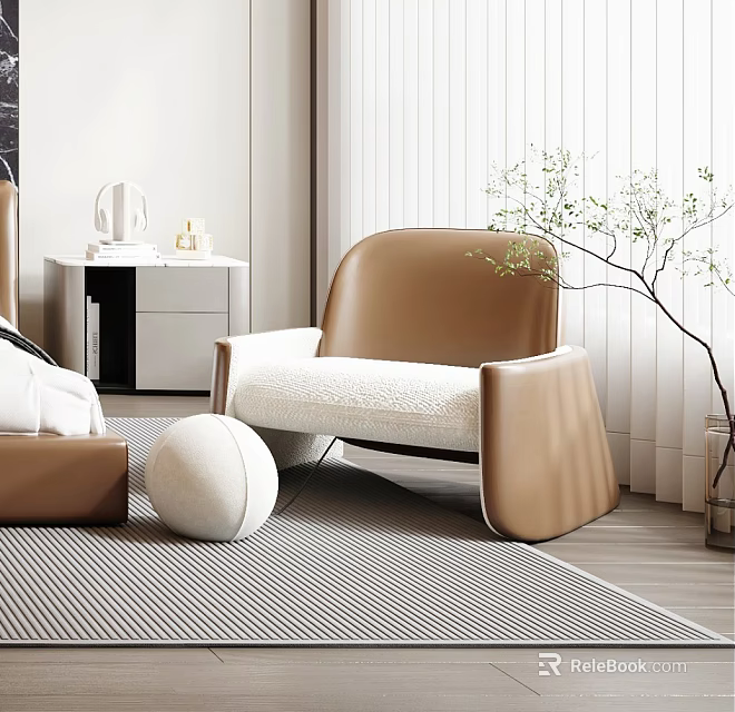 Modern Minimalist Living Room With Brown Leather Leisure Chair Striped Rug And White Decor 3d model 