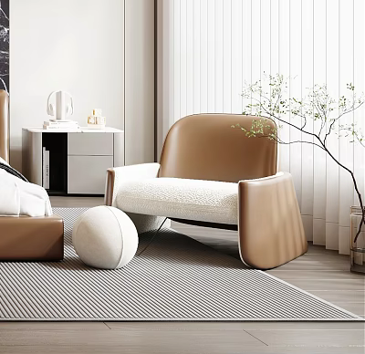 Modern Minimalist Living Room With Brown Leather Leisure Chair Striped Rug And White Decor 3d model