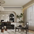 Elegant Living Room Interior With Chandelier Leather Sofa Bookshelves Rug And Potted Plant