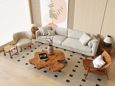 Quiet Sofa Tea Table Combination Cream Multi-Person Sofa Wooden Tea Table Blinds Curtain Creative Table Lamp Casual Chair Wood Decorative Grille Background Wall 3d model