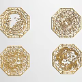 Elegant Golden Octagonal Carvings Featuring Traditional Dragons Phoenixes Openwork Design 3d model