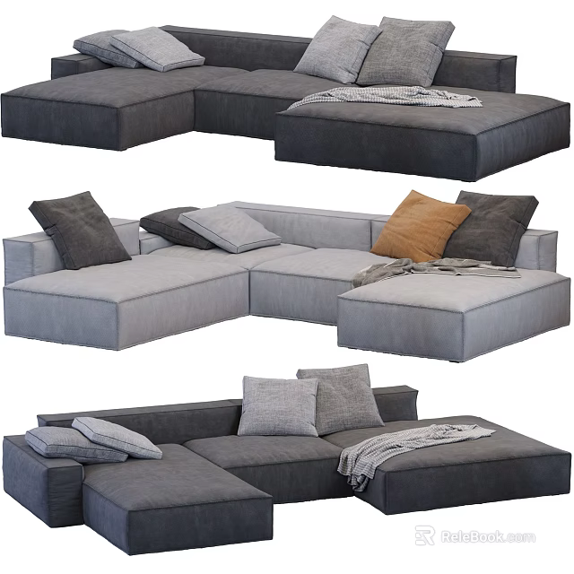 Stylish Sectional Sofa with Gray Fabric Soft Pillows and Cozy Throw Blanket 3d model