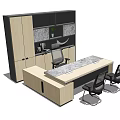 Modern Office Desk With Wooden Tabletop Gray Panel Black Ergonomic Chairs And Cabinet