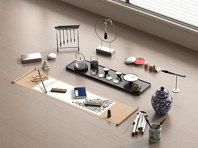 Traditional Chinese Writing Brush with Scroll Ink Stone Ink and Stationery on Wooden Desk Setup 3d model