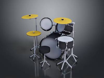 Stylish Black Drum Set With Yellow Cymbals White Heads And Stool 3d model