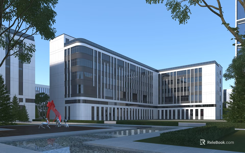 Modern Office Building With Glass Curtain Wall Trees And Water Feature 3d model 