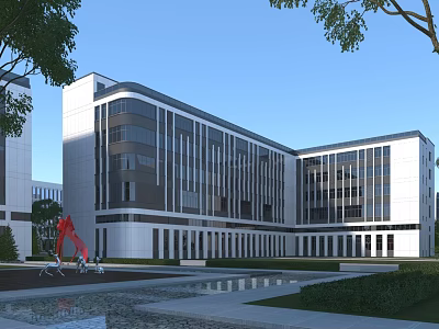 Modern Office Building With Glass Curtain Wall Trees And Water Feature 3d model
