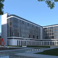 Modern Office Building With Glass Curtain Wall Trees And Water Feature