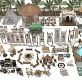 Scenic Campsite With Palm Trees Thatched Roofs Wooden Fences Fire Pit And Camping Tents