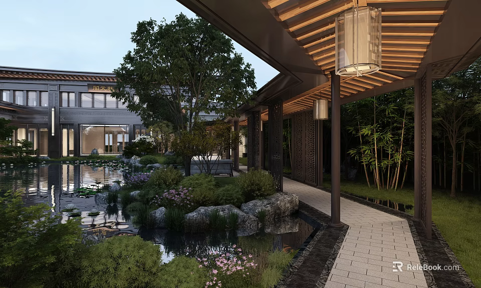 Serene Courtyard Garden With Pond Greenery Stone Path Wooden Pergola And Hanging Lanterns 3d model 