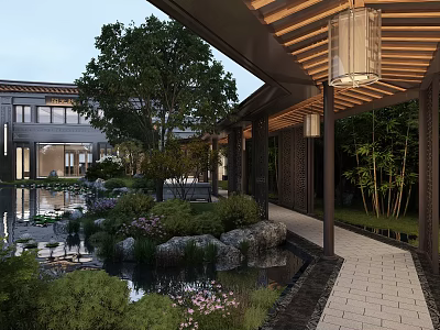 Serene Courtyard Garden With Pond Greenery Stone Path Wooden Pergola And Hanging Lanterns 3d model