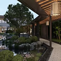 Serene Courtyard Garden With Pond Greenery Stone Path Wooden Pergola And Hanging Lanterns