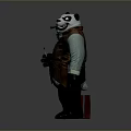 Panda Themed Game Character Wearing Brown Vest And Blue Long Sleeves Holding Red Container