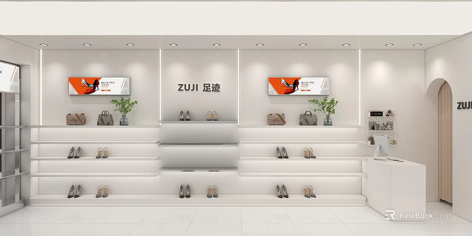Modern Mall Counter with Shoes and Bags Display in White Design Featuring Green Plants 3d model 