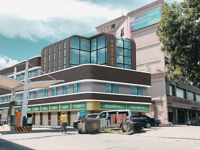 Modern Commercial Street With Glass Curtain Walls Multi Storey Shops Vehicles And Pedestrians 3d model