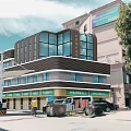 Modern Commercial Street With Glass Curtain Walls Multi Storey Shops Vehicles And Pedestrians