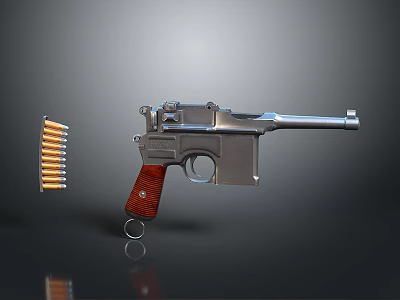 Silver Pistol With Red Wooden Grip And Stacked Bullets 3d model